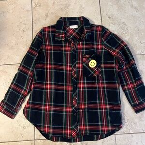 Women’s Plaid Shirt Long Sleeve Blouse with Smiley Patch Size Large